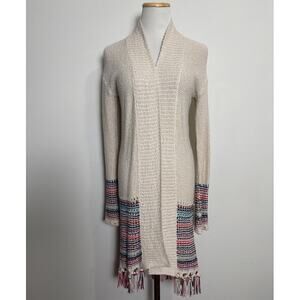 Roxy Beachy Fringe Cardigan Duster Sweater Size Small Open Knit Natural Coastal